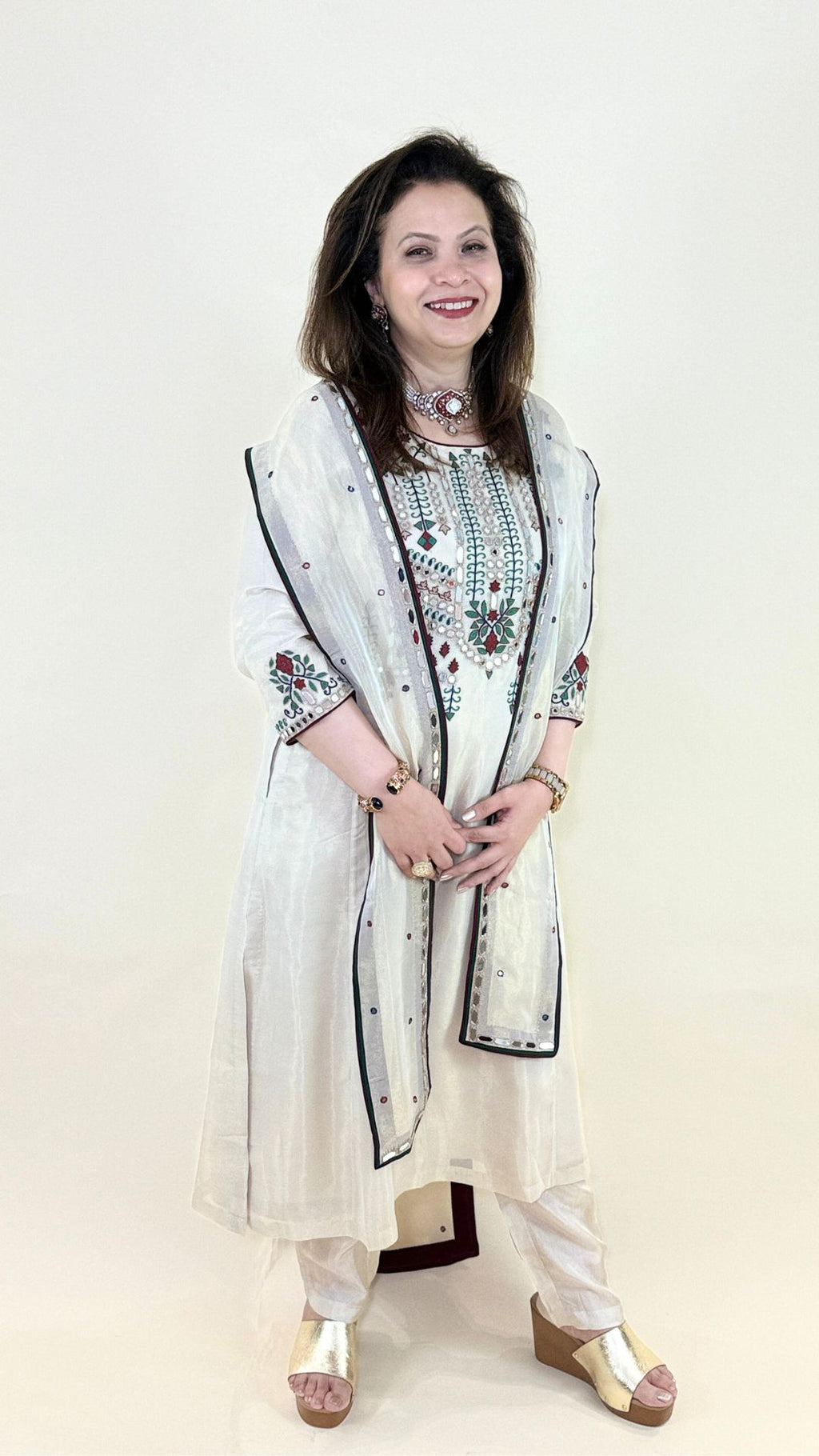 Off White Thread Embroidered Top and Bottom with Cape