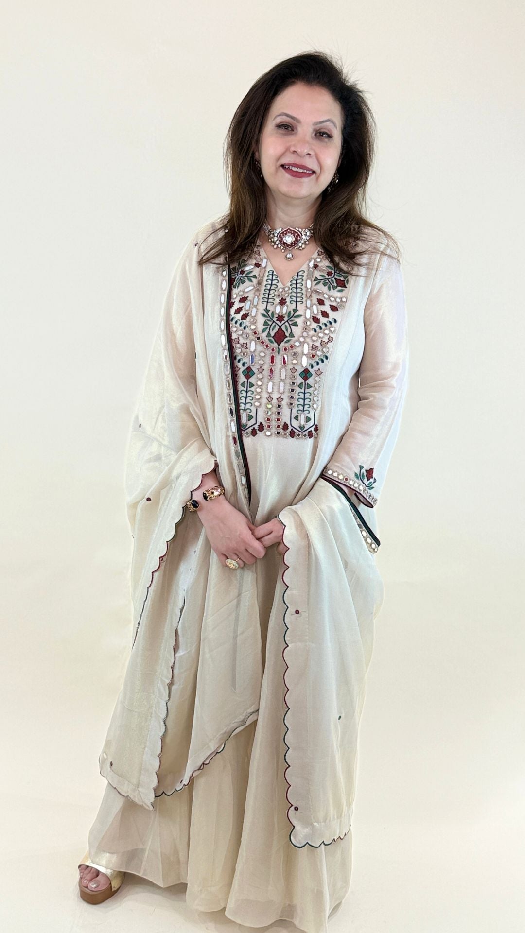 Off White Thread Embroidered One Piece and Dupatta