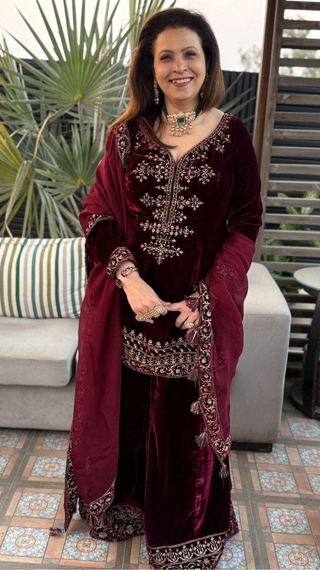 Maroon Embroidered Velvet Shirt with Flared Palazzo and Dupatta
