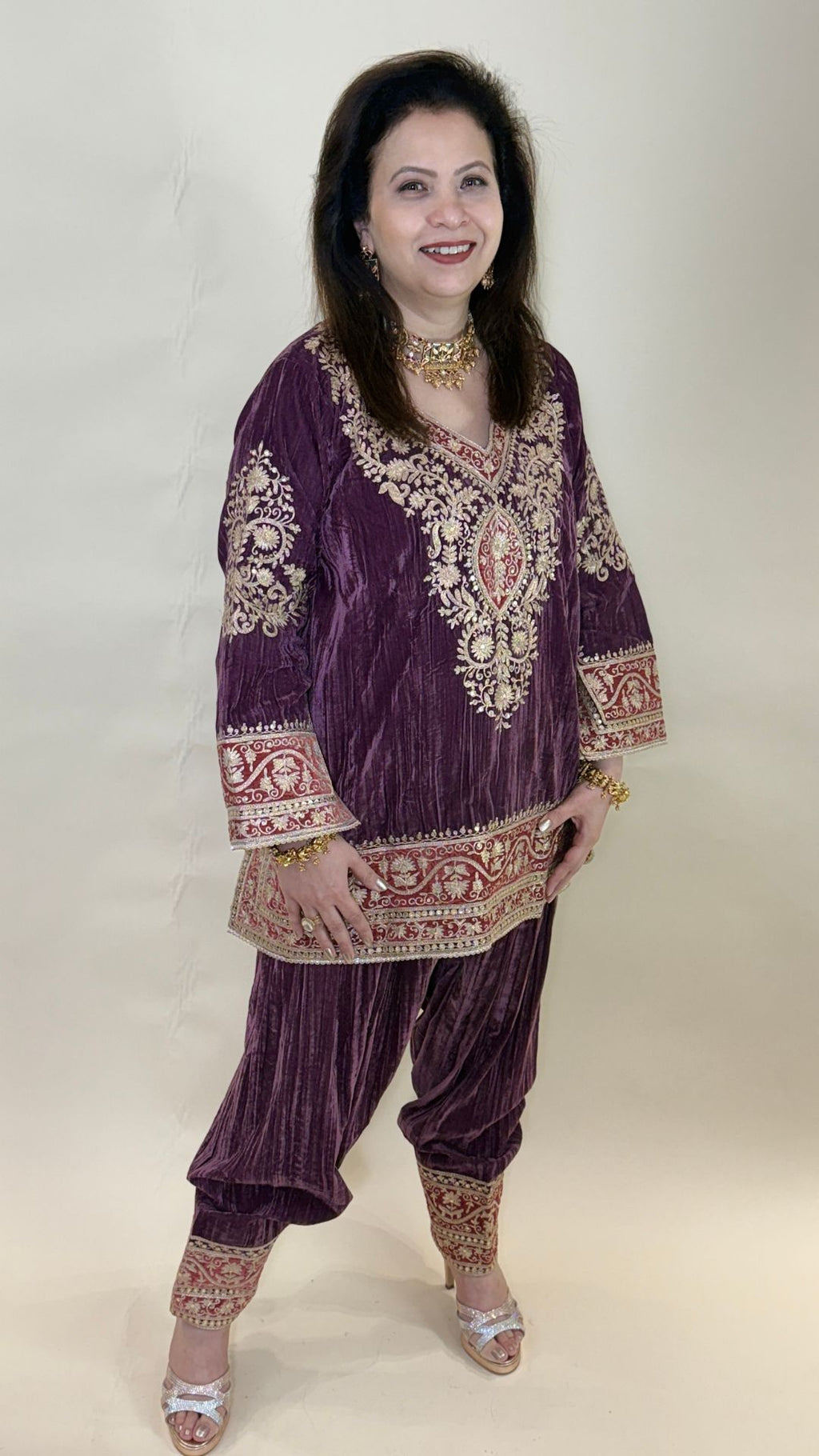 Plum Purple Wrinkled Velvet Embroidered Top with Salwar