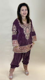 Plum Purple Wrinkled Velvet Embroidered Top with Salwar