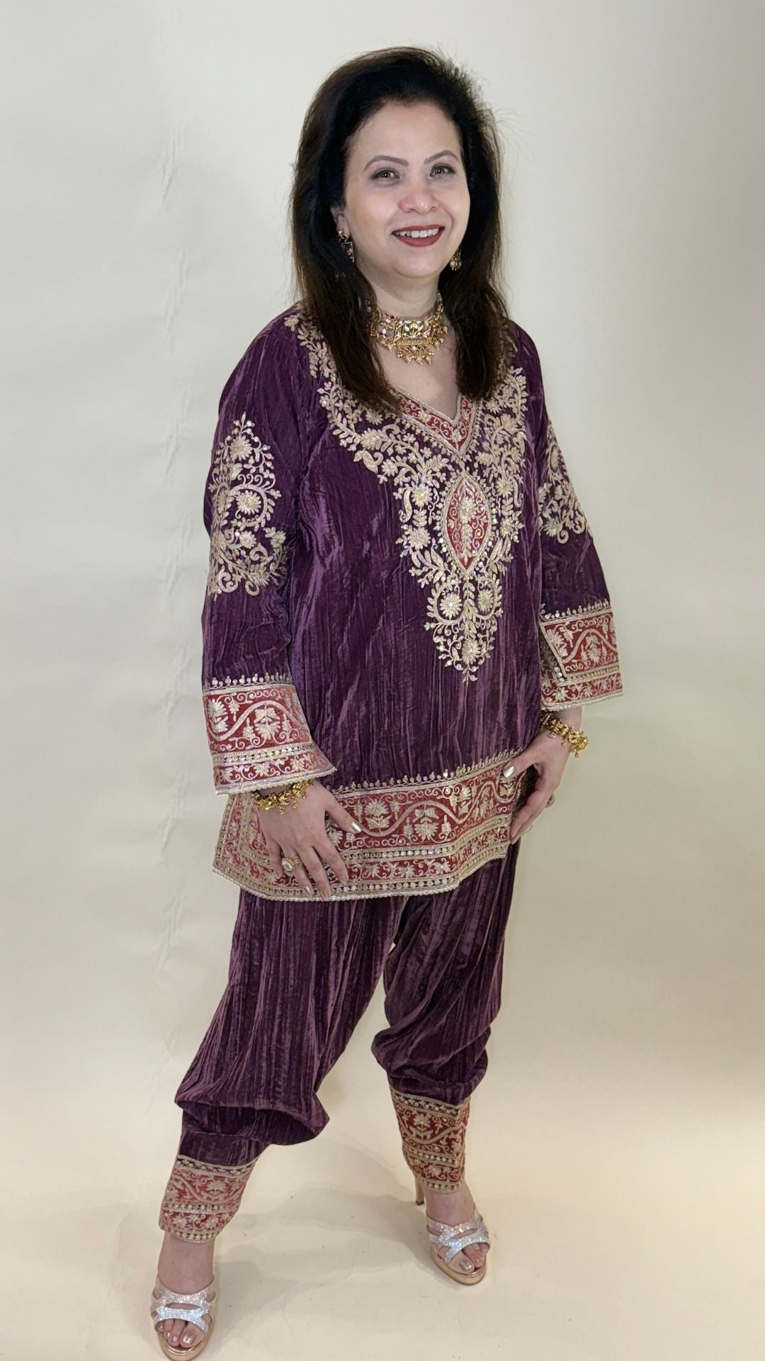 Plum Purple Wrinkled Velvet Embroidered Top with Salwar