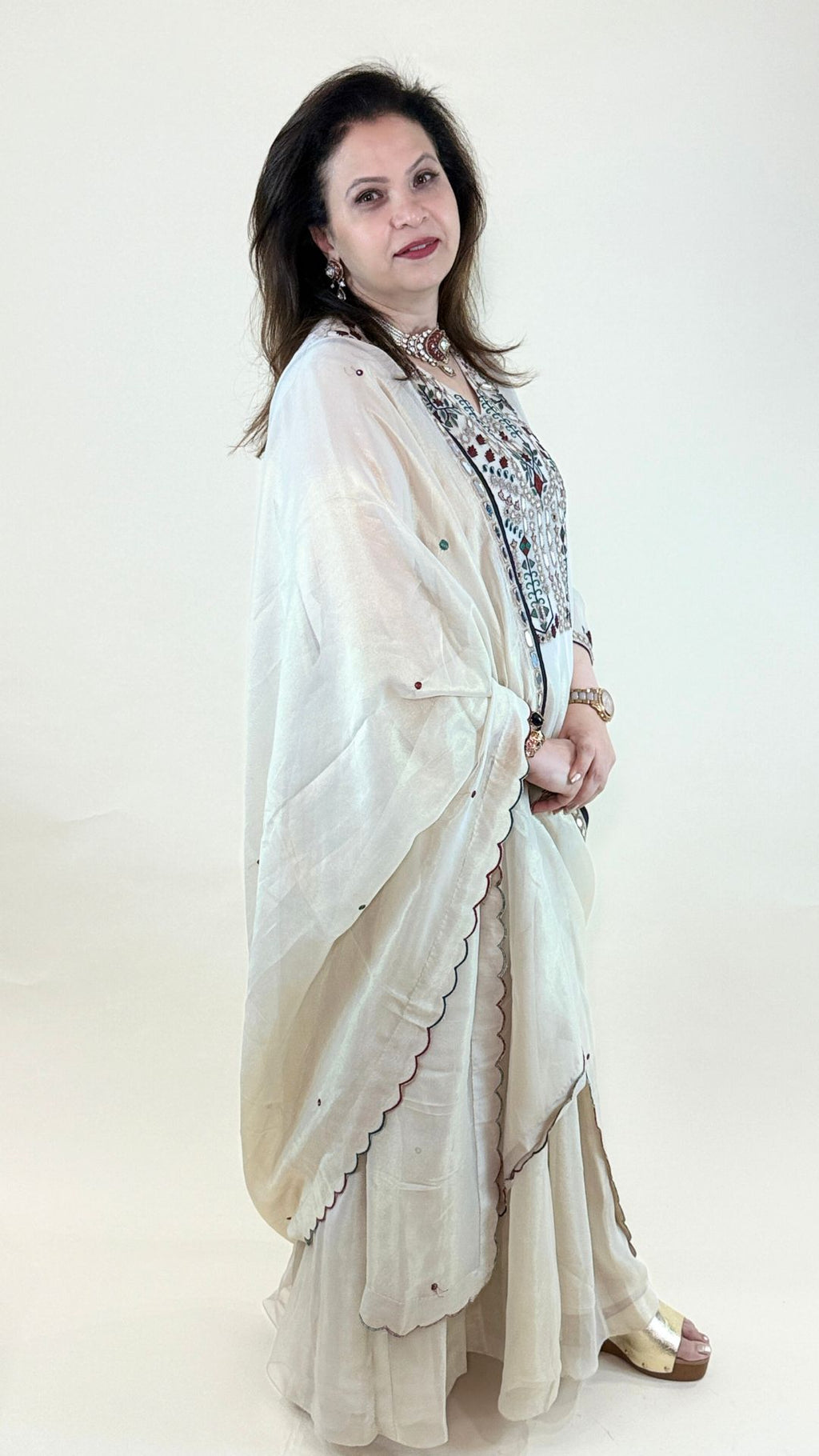 Off White Thread Embroidered One Piece and Dupatta