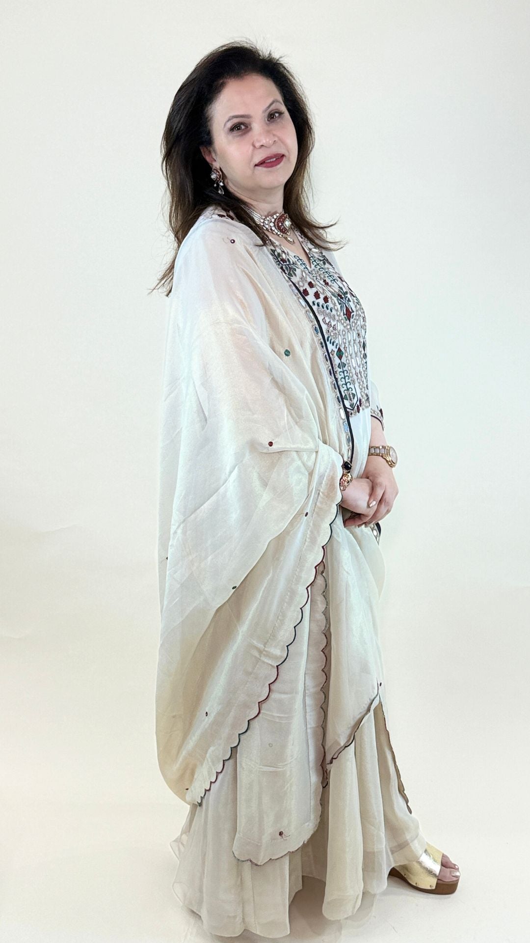 Off White Thread Embroidered One Piece and Dupatta