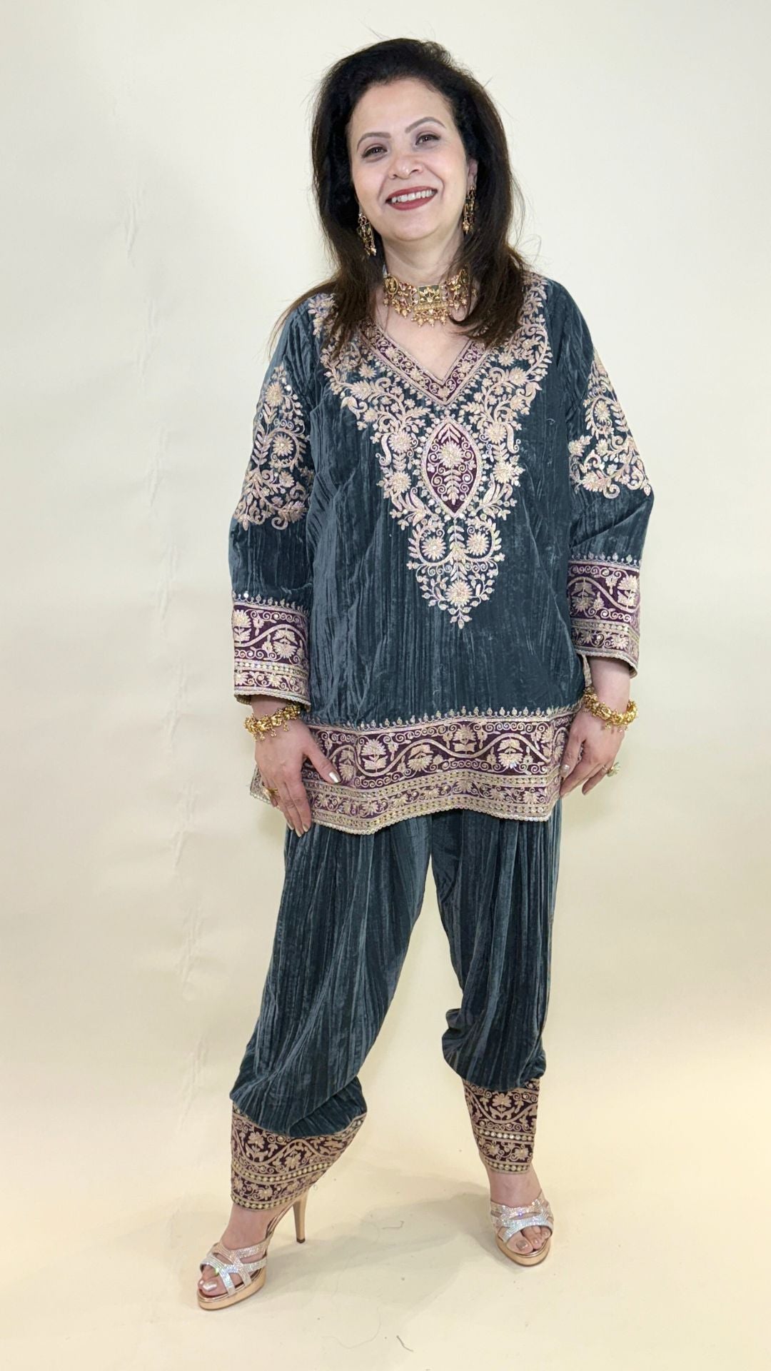 Charcoal Blue Wrinkled Velvet Embroidered Top with Salwar