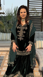 Dark Green Embroidered Velvet Shirt with Flared Palazzo and Dupatta