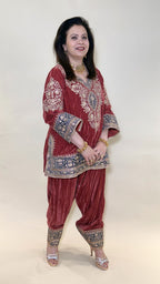 Carrot Red Wrinkled Velvet Embroidered Top with Salwar