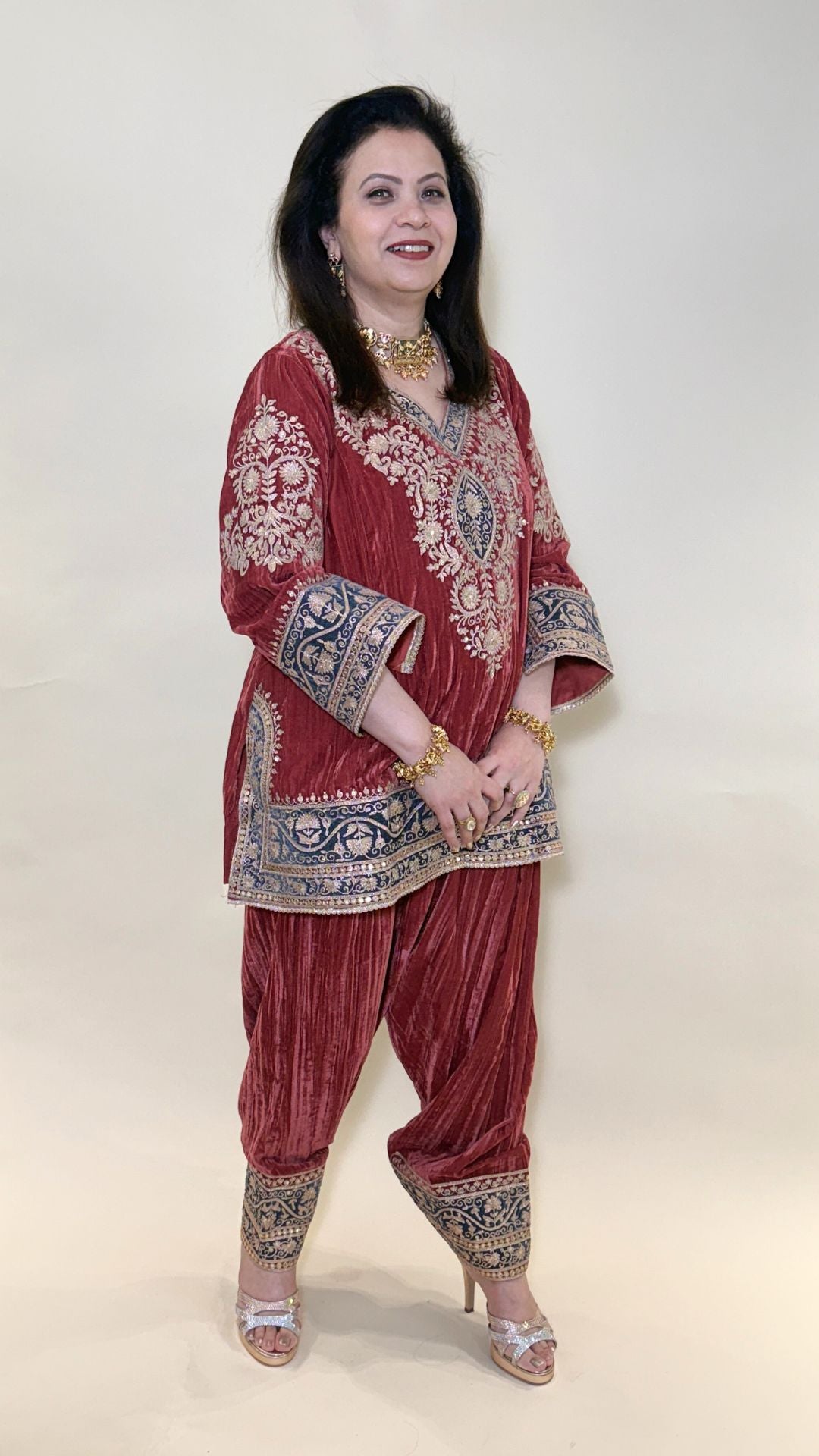 Carrot Red Wrinkled Velvet Embroidered Top with Salwar