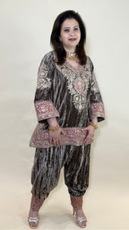 Brown Wrinkled Velvet Embroidered Top with Salwar
