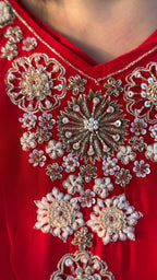 Red Crepe Embroidered Kaftan with Farshi Salwar
