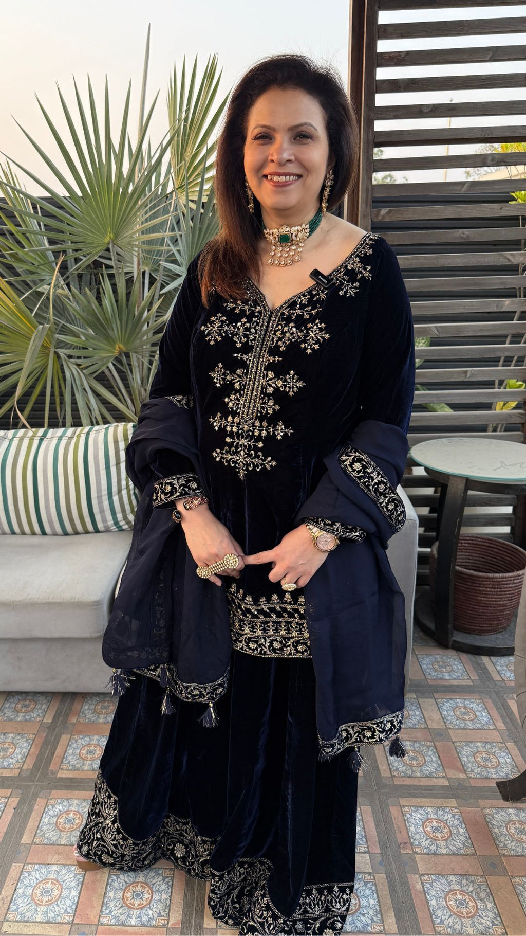 Navy Blue Embroidered Velvet Shirt with Flared Palazzo and Dupatta