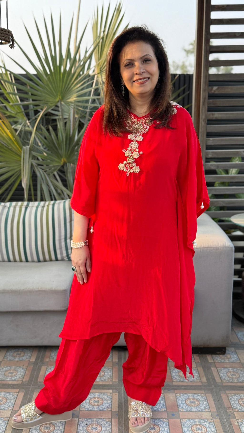 Red Crepe Embroidered Kaftan with Farshi Salwar