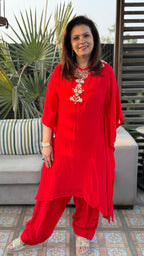 Red Crepe Embroidered Kaftan with Farshi Salwar