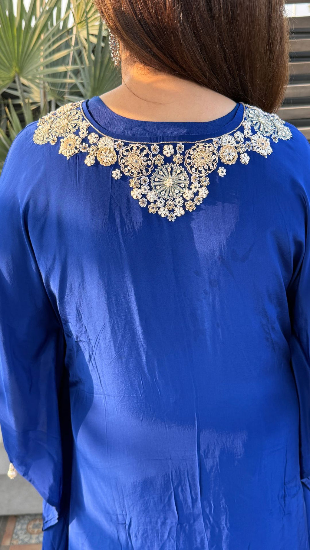 Blue Crepe Embroidered Kaftan with Farshi Salwar