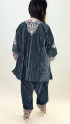 Charcoal Blue Wrinkled Velvet Embroidered Top with Salwar
