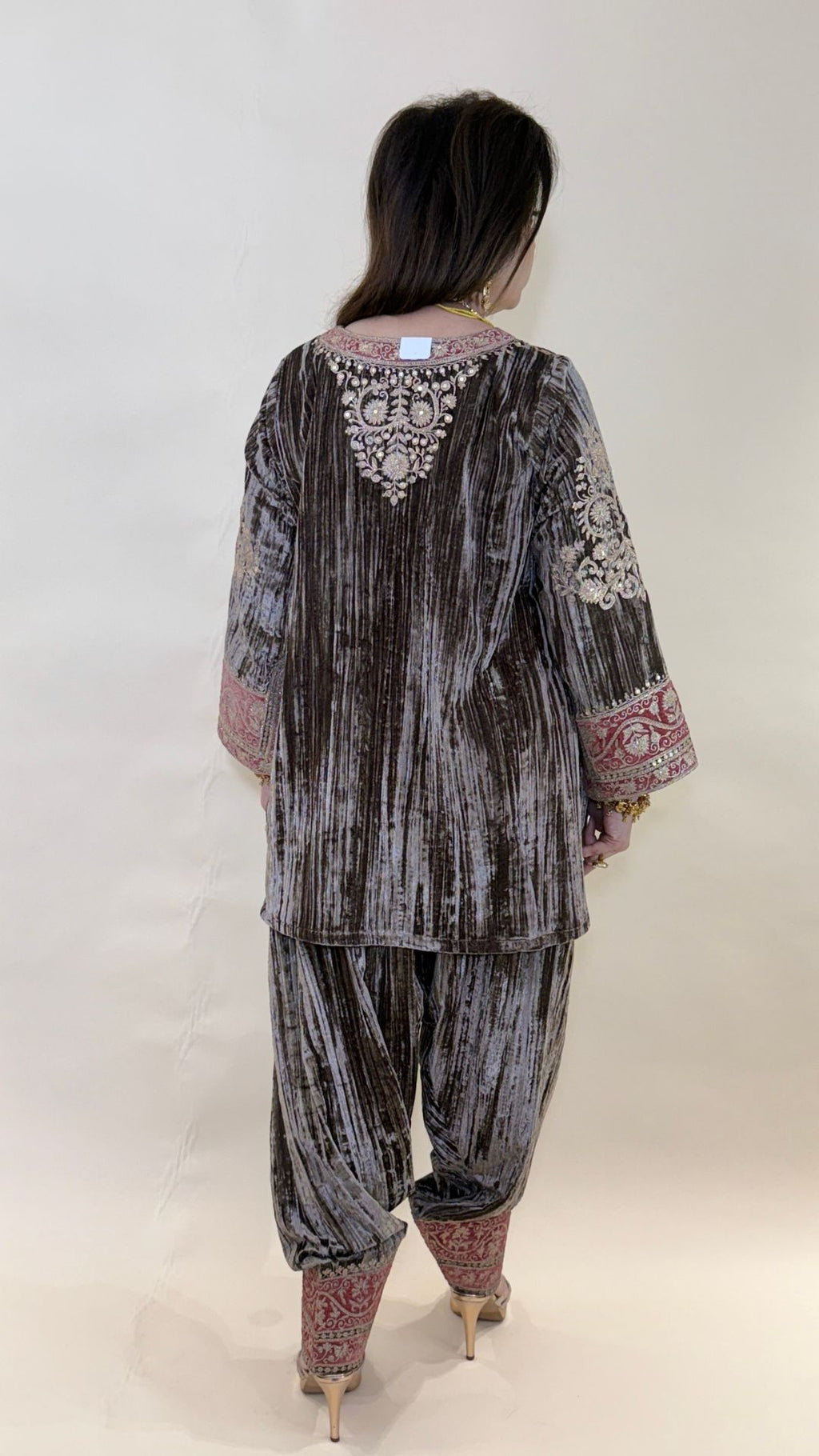 Brown Wrinkled Velvet Embroidered Top with Salwar