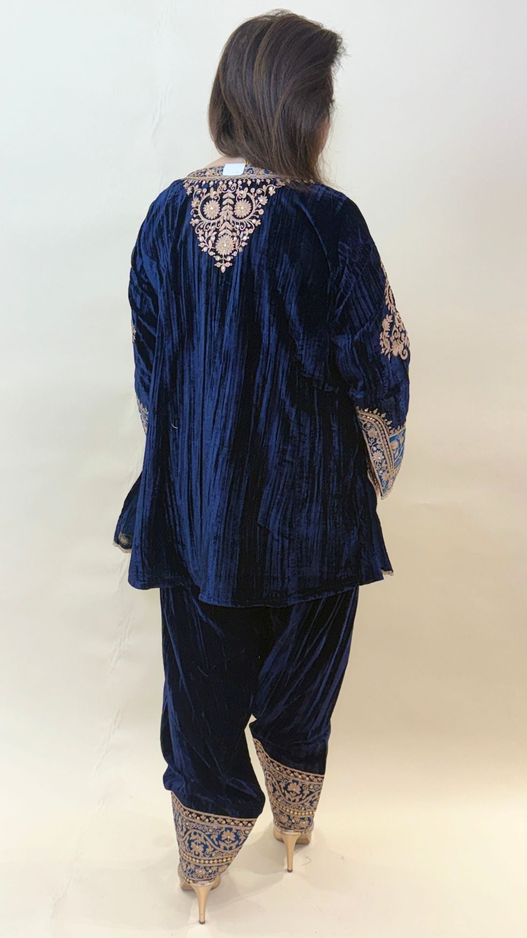 Navy Blue Wrinkled Velvet Embroidered Top with Salwar
