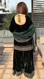 Dark Green Embroidered Velvet Shirt with Flared Palazzo and Dupatta
