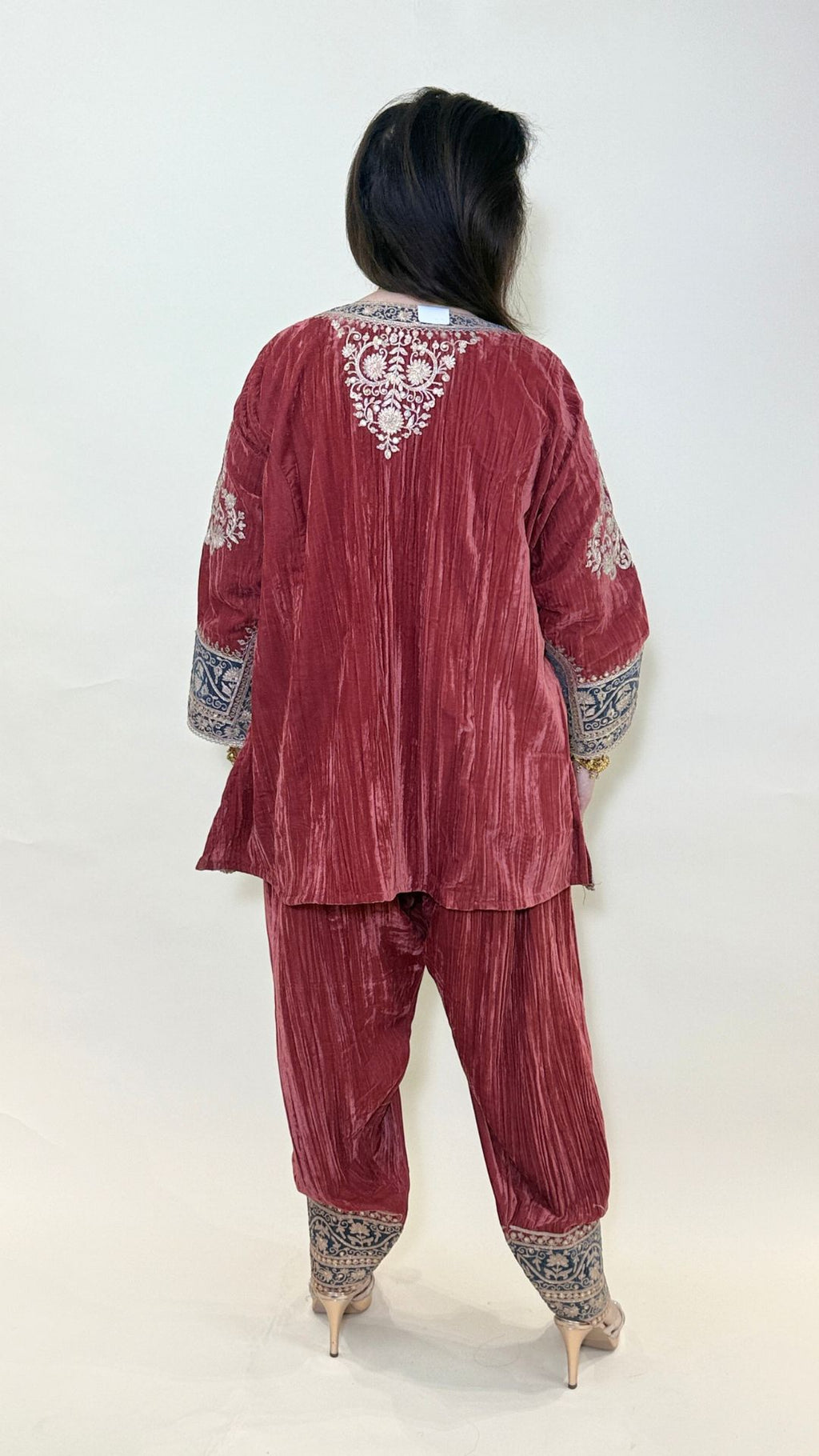 Carrot Red Wrinkled Velvet Embroidered Top with Salwar