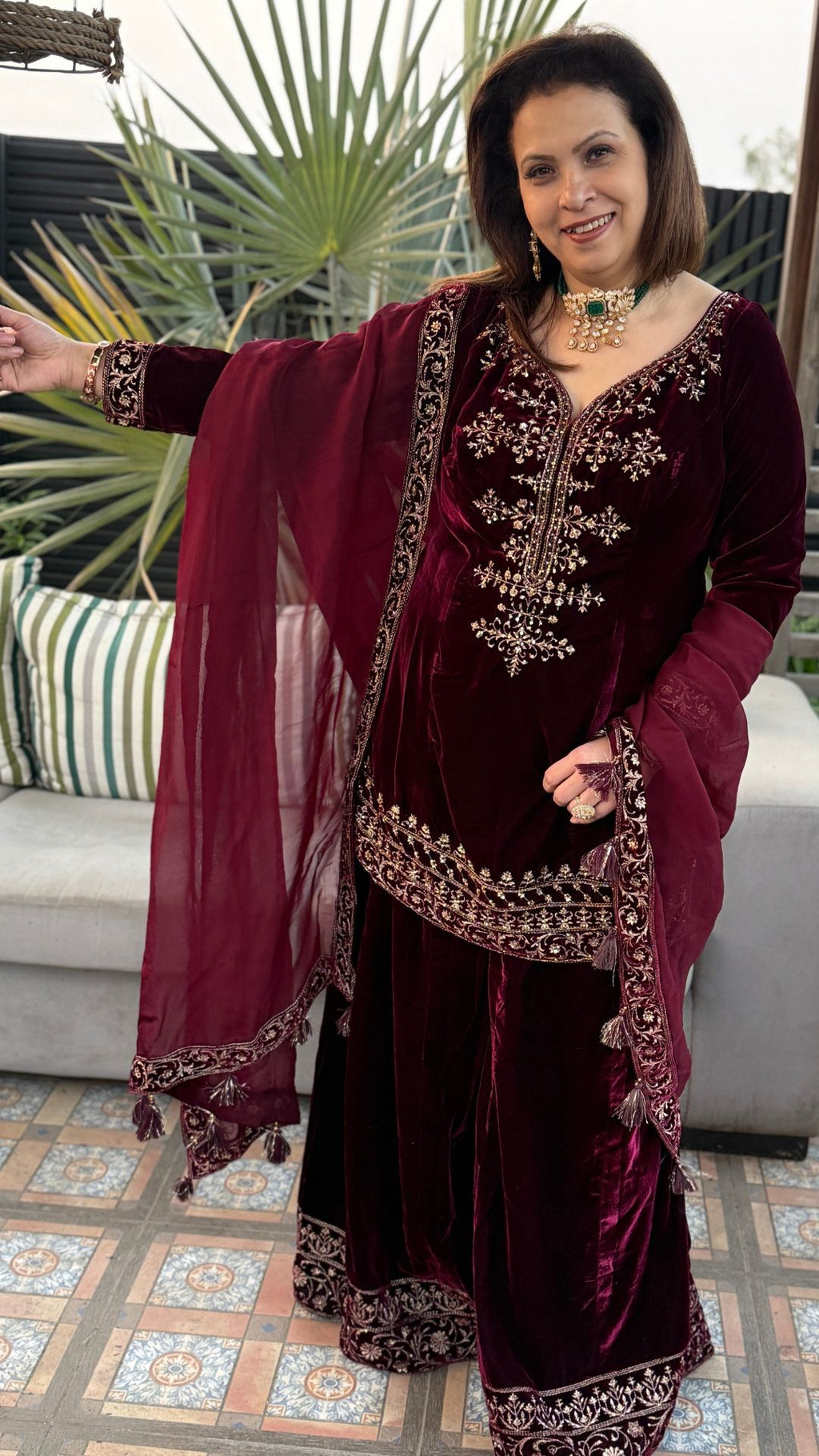 Maroon Embroidered Velvet Shirt with Flared Palazzo and Dupatta