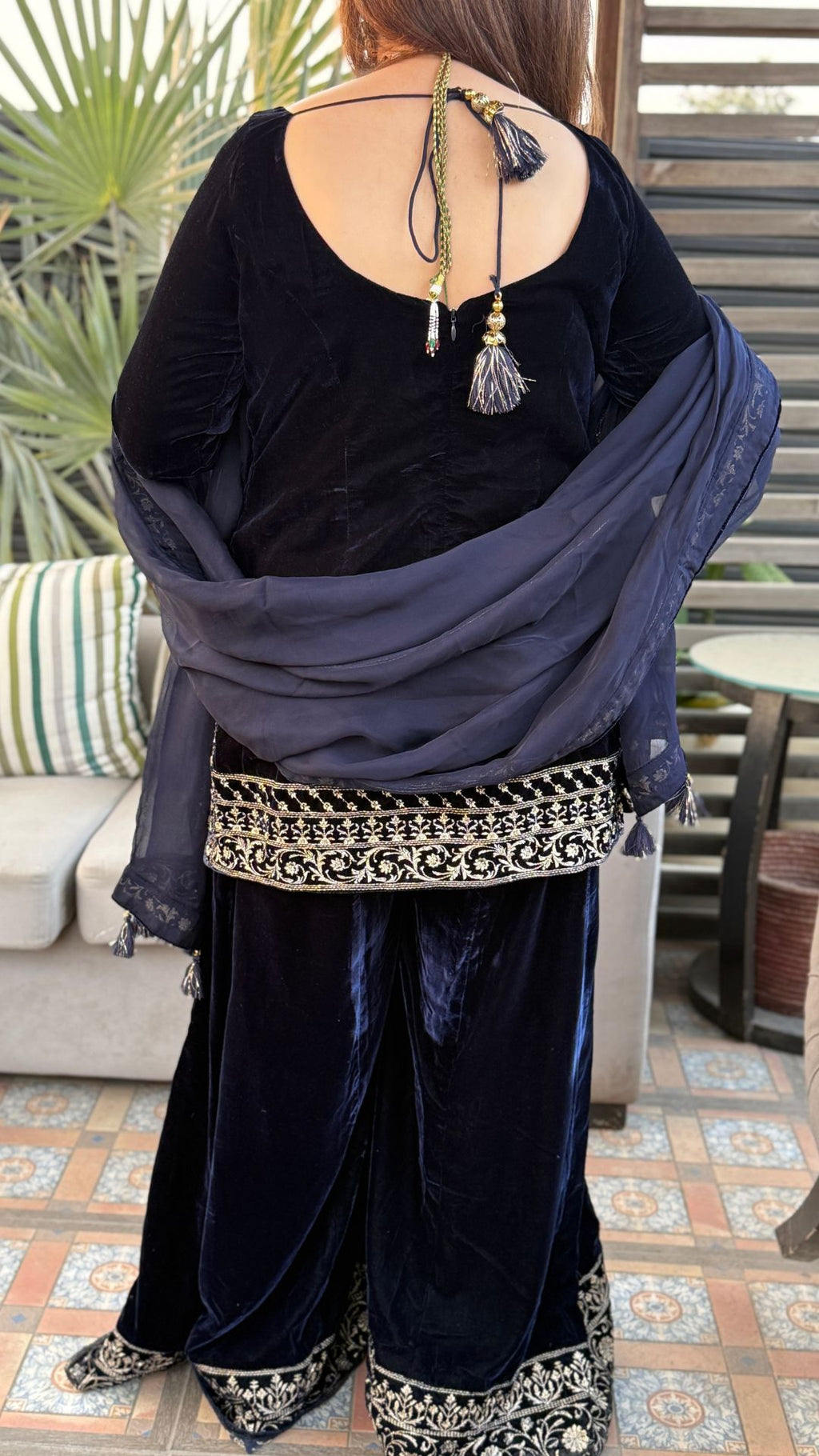 Navy Blue Embroidered Velvet Shirt with Flared Palazzo and Dupatta
