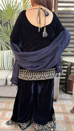 Navy Blue Embroidered Velvet Shirt with Flared Palazzo and Dupatta