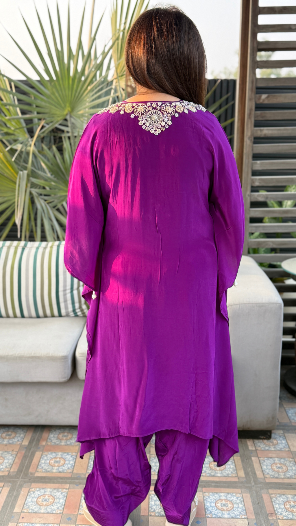 Purple Crepe Embroidered Kaftan with Farshi Salwar