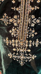 Dark Green Embroidered Velvet Shirt with Flared Palazzo and Dupatta