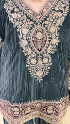 Charcoal Blue Wrinkled Velvet Embroidered Top with Salwar