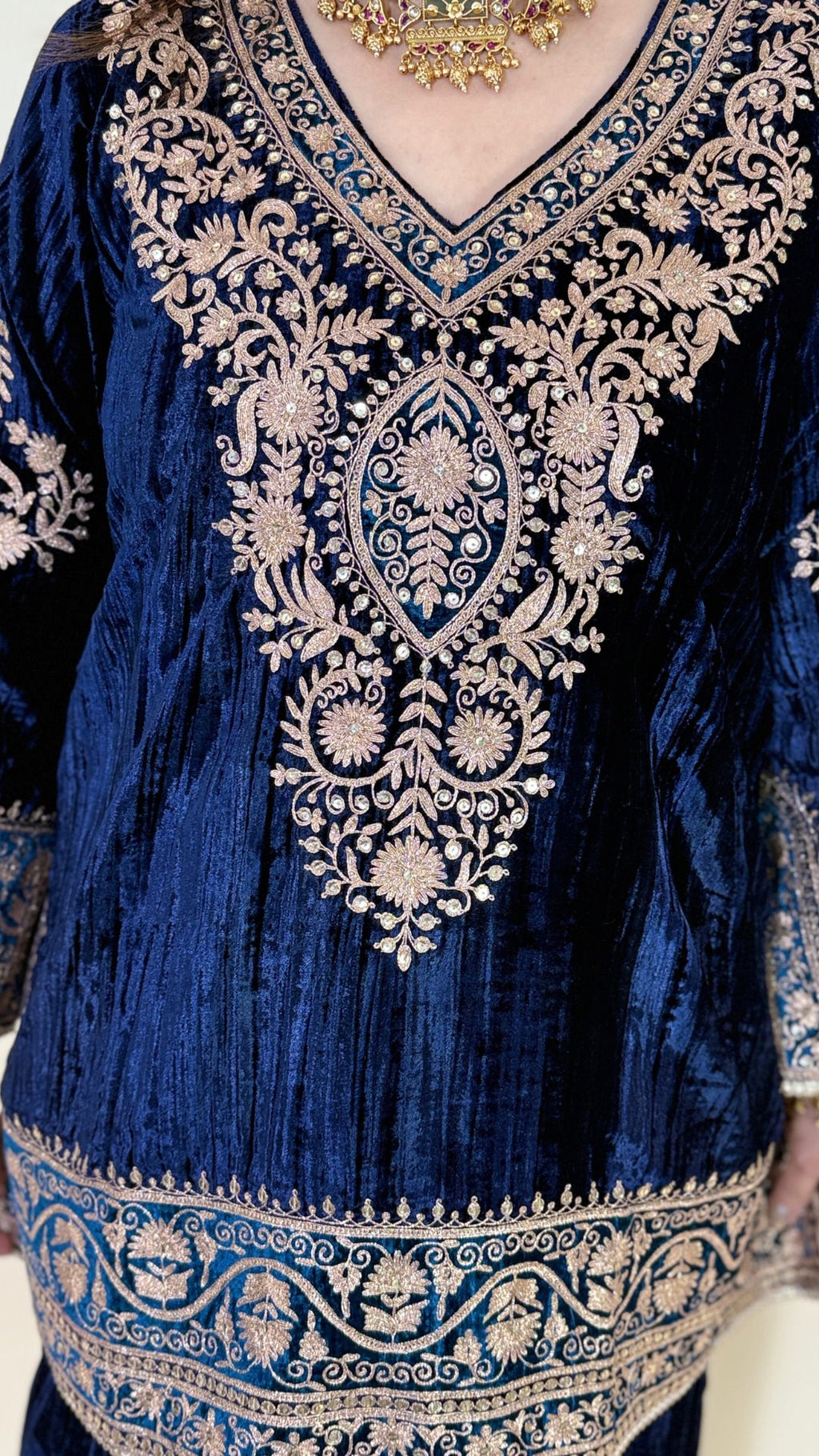 Navy Blue Wrinkled Velvet Embroidered Top with Salwar