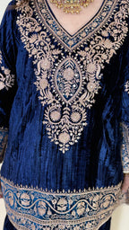 Navy Blue Wrinkled Velvet Embroidered Top with Salwar
