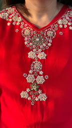 Red Crepe Embroidered Kaftan with Farshi Salwar