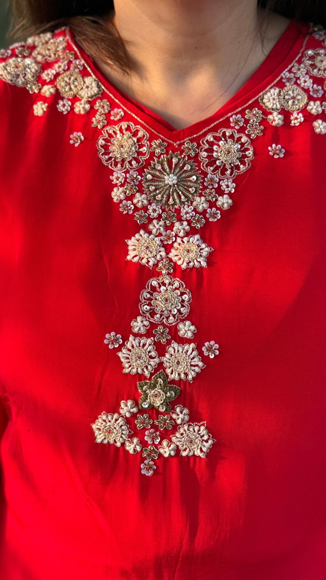 Red Crepe Embroidered Kaftan with Farshi Salwar