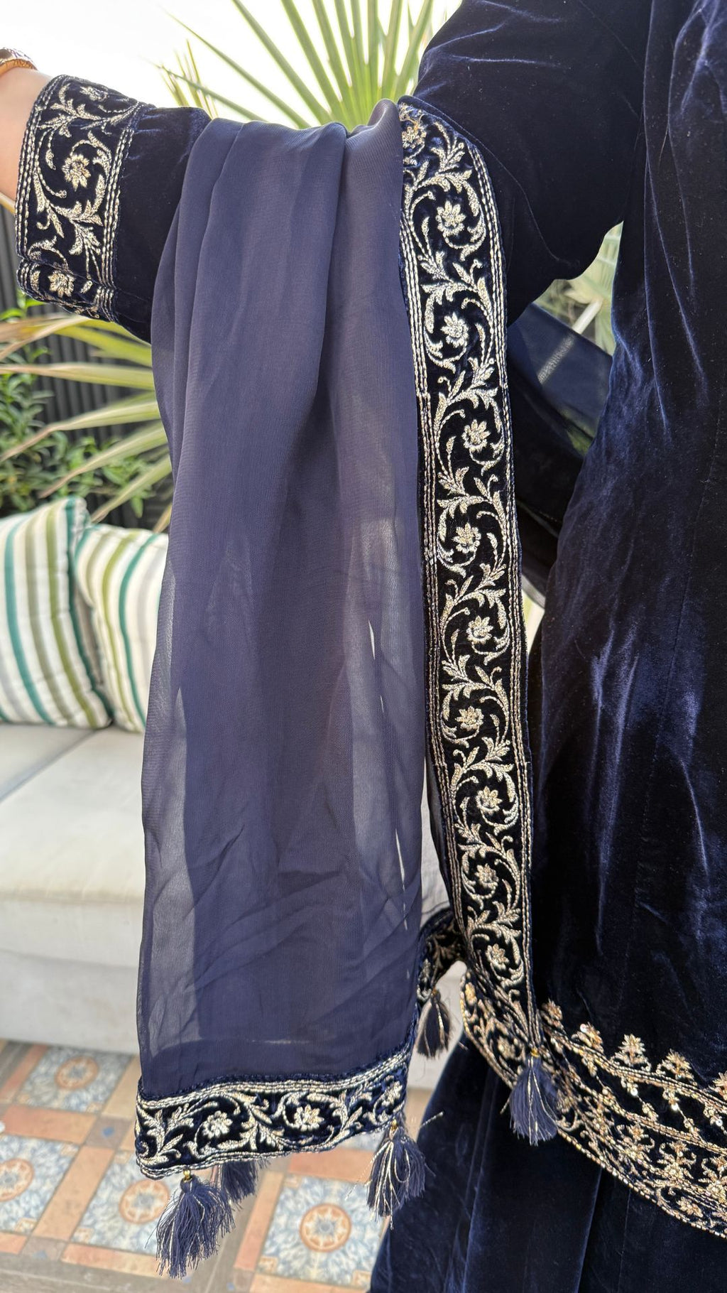 Navy Blue Embroidered Velvet Shirt with Flared Palazzo and Dupatta