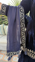 Navy Blue Embroidered Velvet Shirt with Flared Palazzo and Dupatta