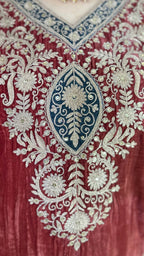 Carrot Red Wrinkled Velvet Embroidered Top with Salwar