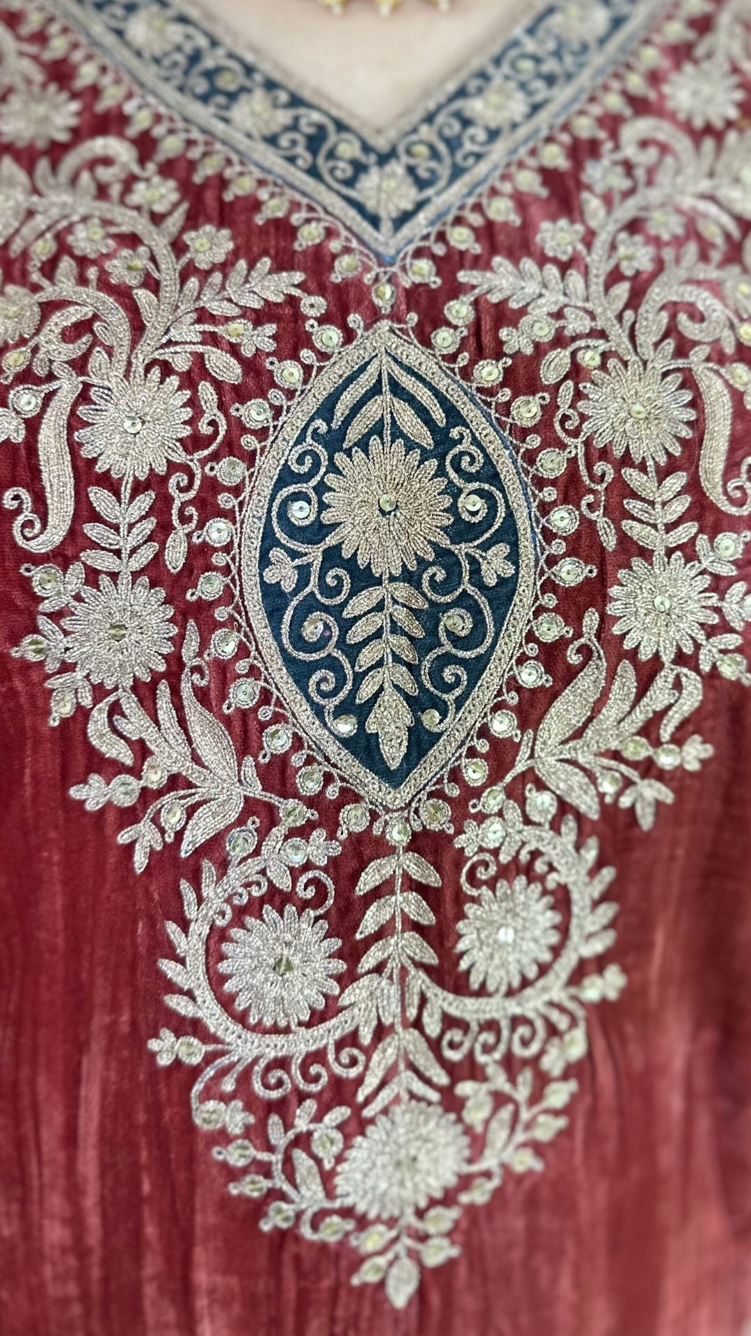 Carrot Red Wrinkled Velvet Embroidered Top with Salwar