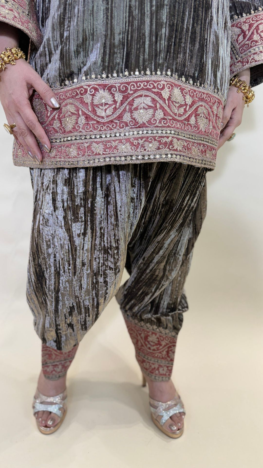 Brown Wrinkled Velvet Embroidered Top with Salwar