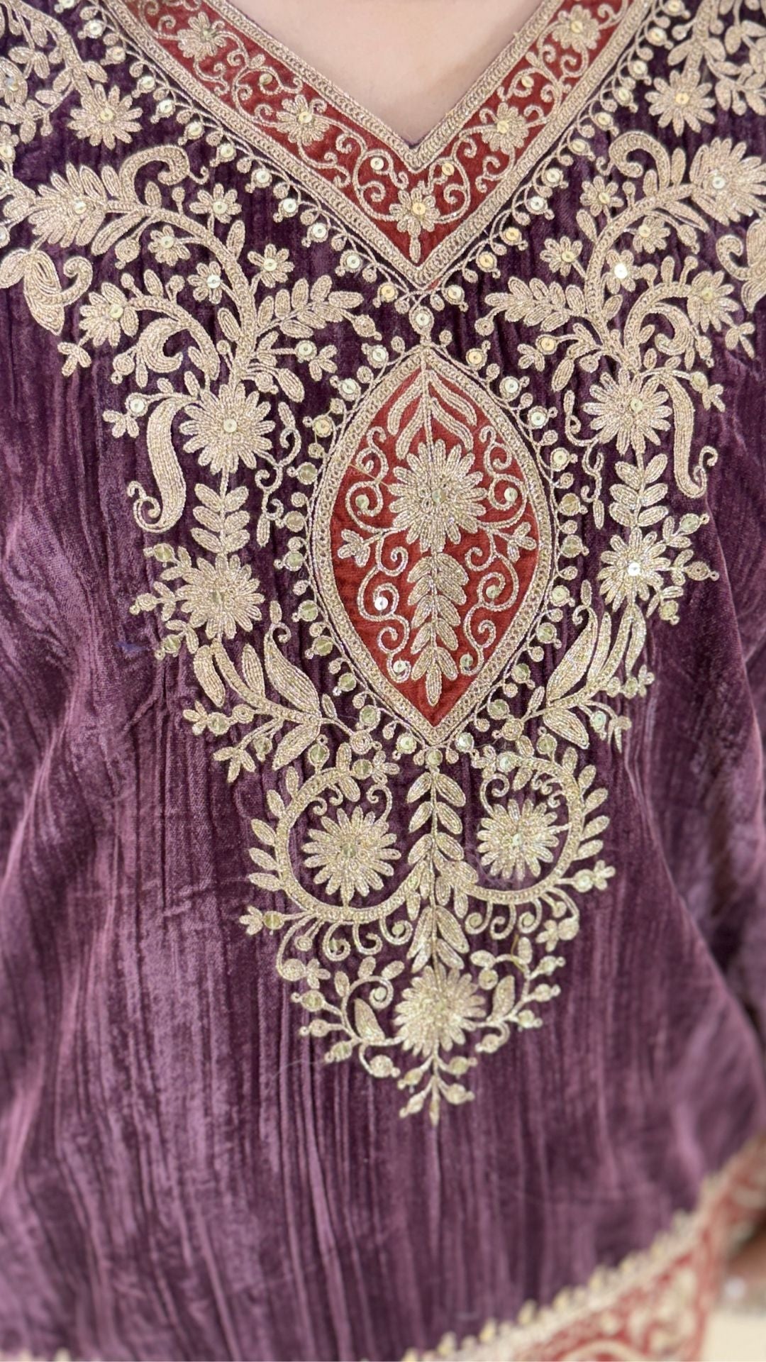 Plum Purple Wrinkled Velvet Embroidered Top with Salwar