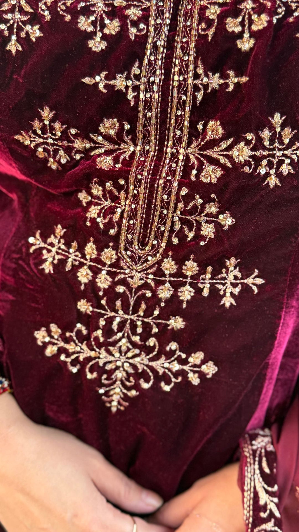 Maroon Embroidered Velvet Shirt with Flared Palazzo and Dupatta