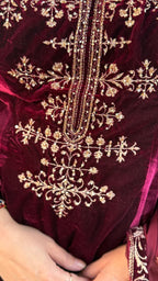 Maroon Embroidered Velvet Shirt with Flared Palazzo and Dupatta