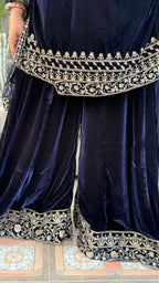 Navy Blue Embroidered Velvet Shirt with Flared Palazzo and Dupatta