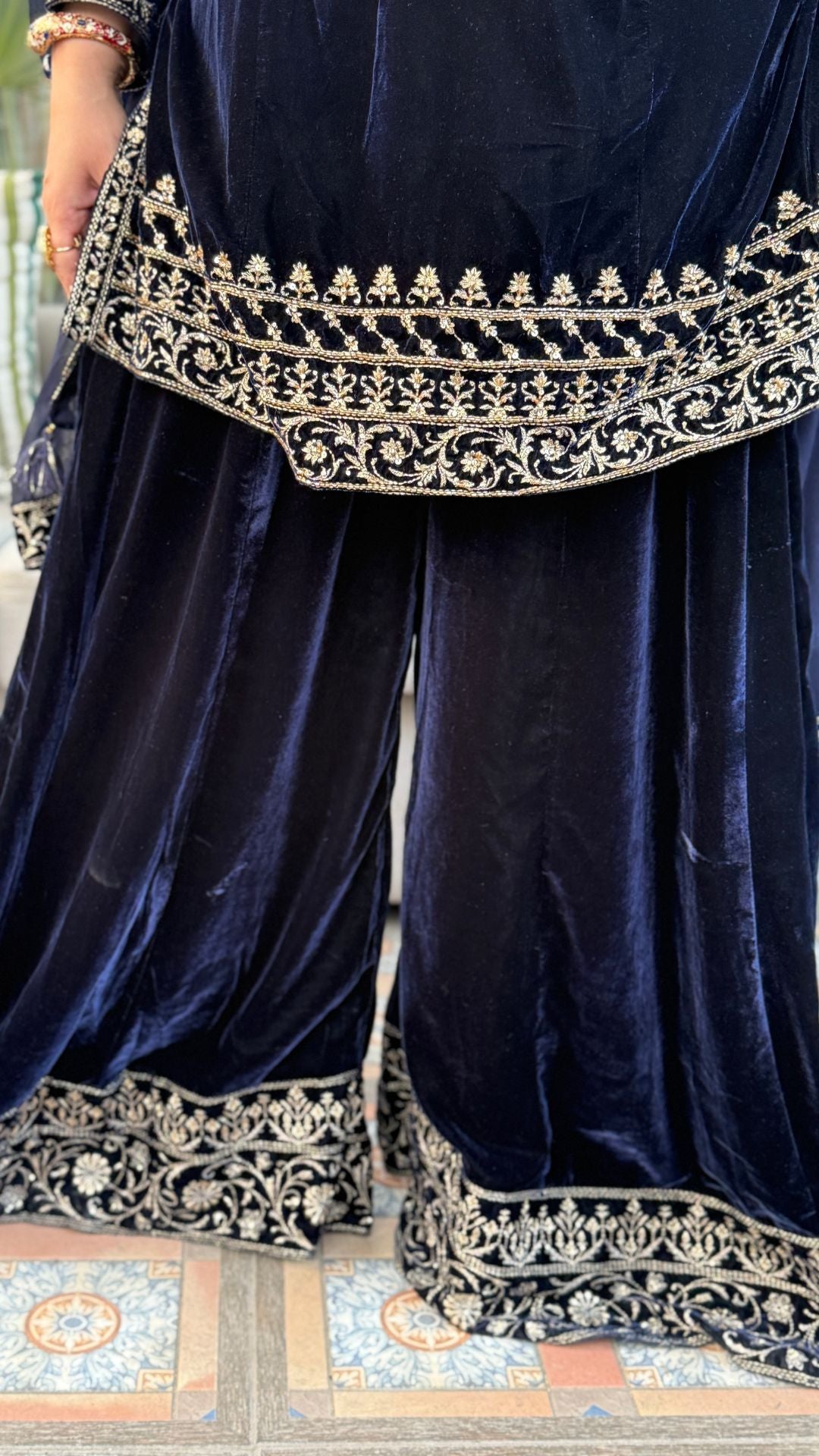 Navy Blue Embroidered Velvet Shirt with Flared Palazzo and Dupatta