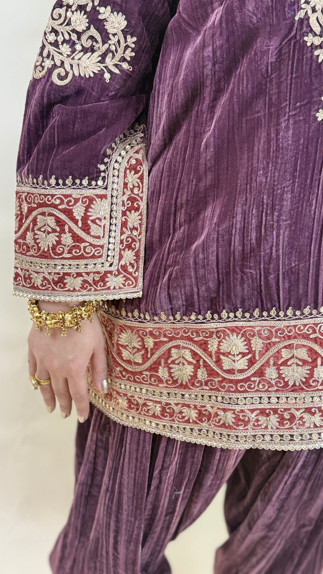 Plum Purple Wrinkled Velvet Embroidered Top with Salwar