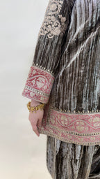 Brown Wrinkled Velvet Embroidered Top with Salwar