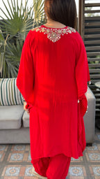Red Crepe Embroidered Kaftan with Farshi Salwar