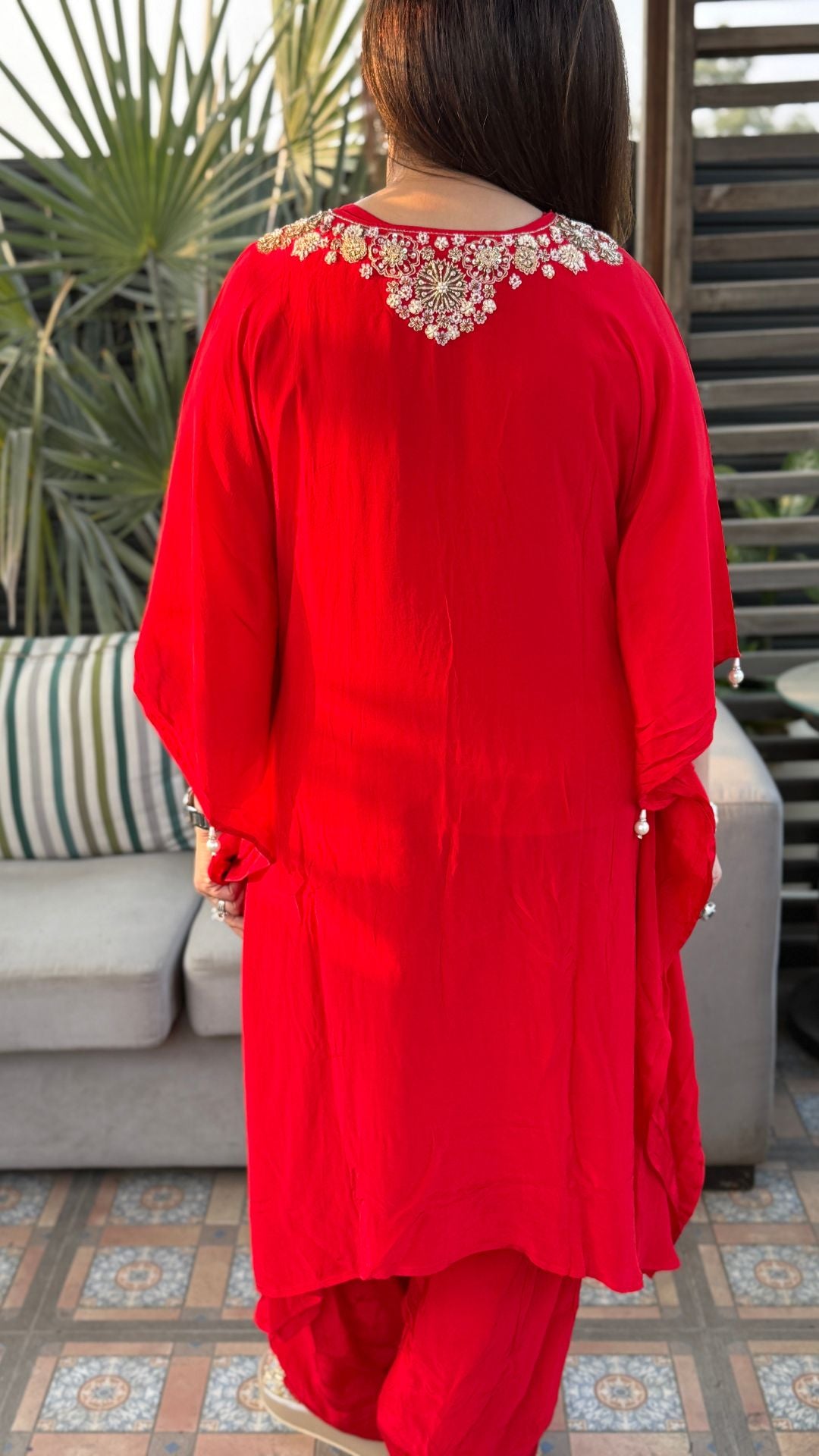 Red Crepe Embroidered Kaftan with Farshi Salwar