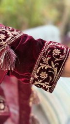 Maroon Embroidered Velvet Shirt with Flared Palazzo and Dupatta