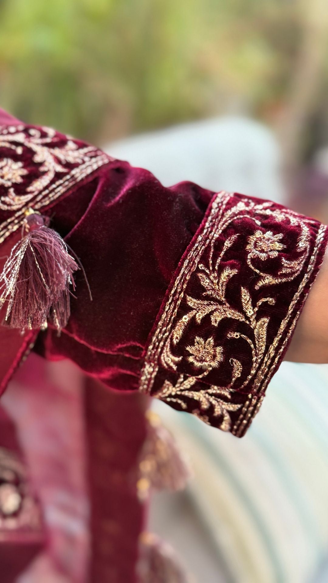 Maroon Embroidered Velvet Shirt with Flared Palazzo and Dupatta