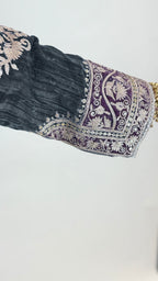 Charcoal Blue Wrinkled Velvet Embroidered Top with Salwar
